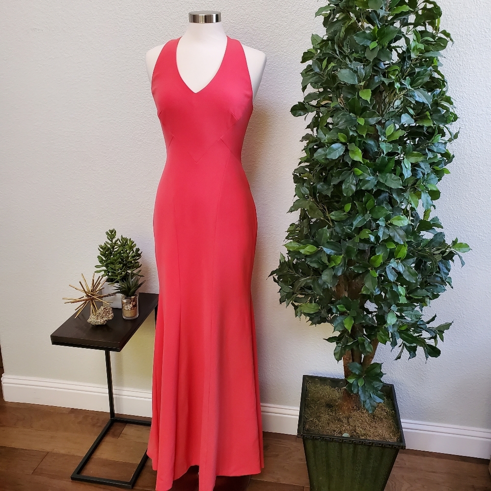 NWT Theia Coral V-Neck Crepe Mermaid Gown Dress